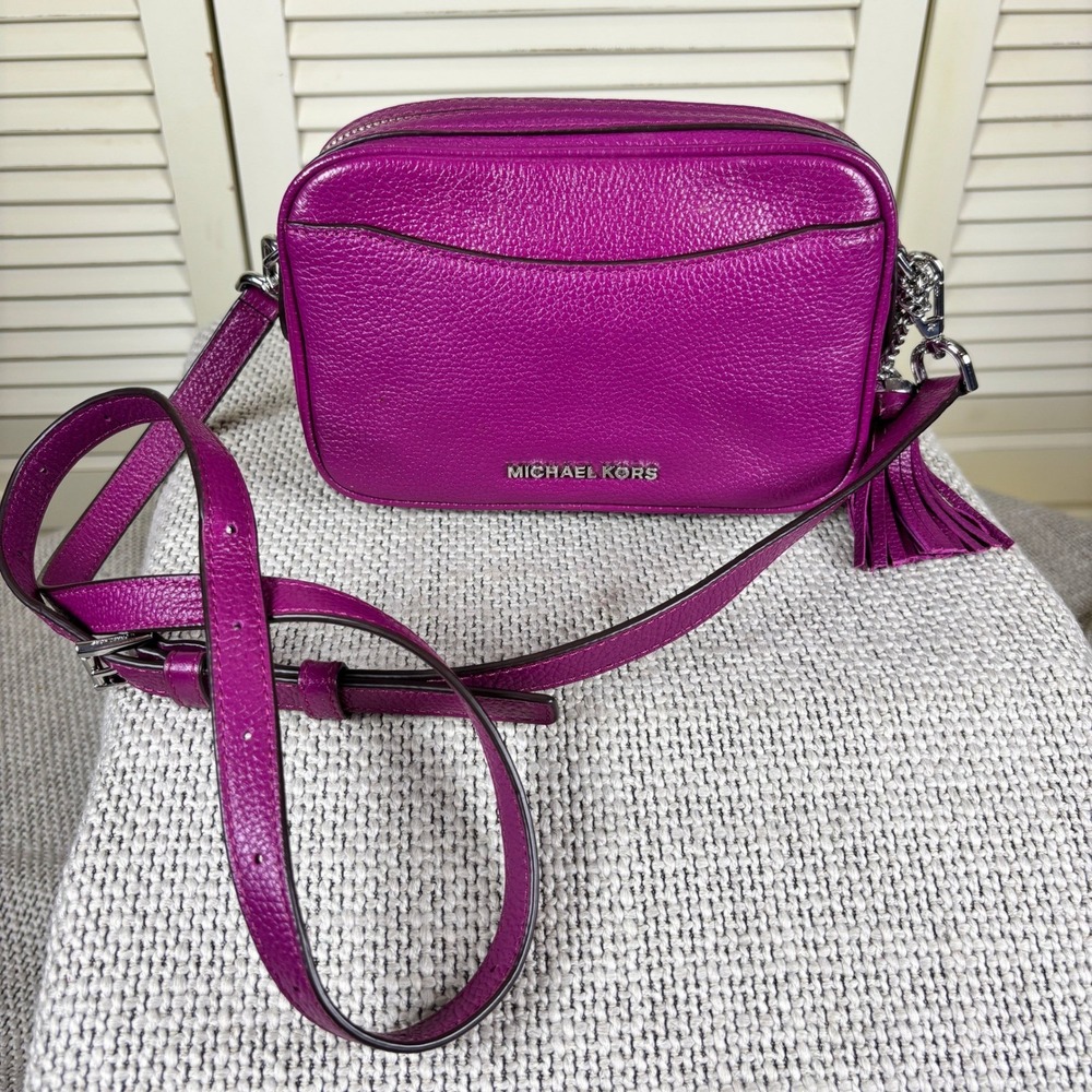 Michael Kors Plum Pebbled Leather Ginny Crossbody Purse & Belt Bag Tassel Detail